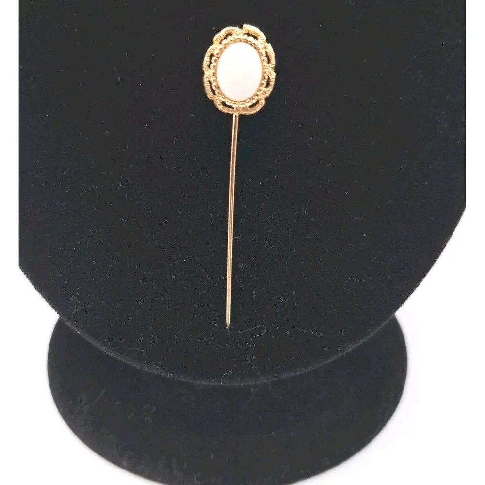 Opal Stone Stick Pin Open Lace Edge Design Gold Tone Cabochon 2.25